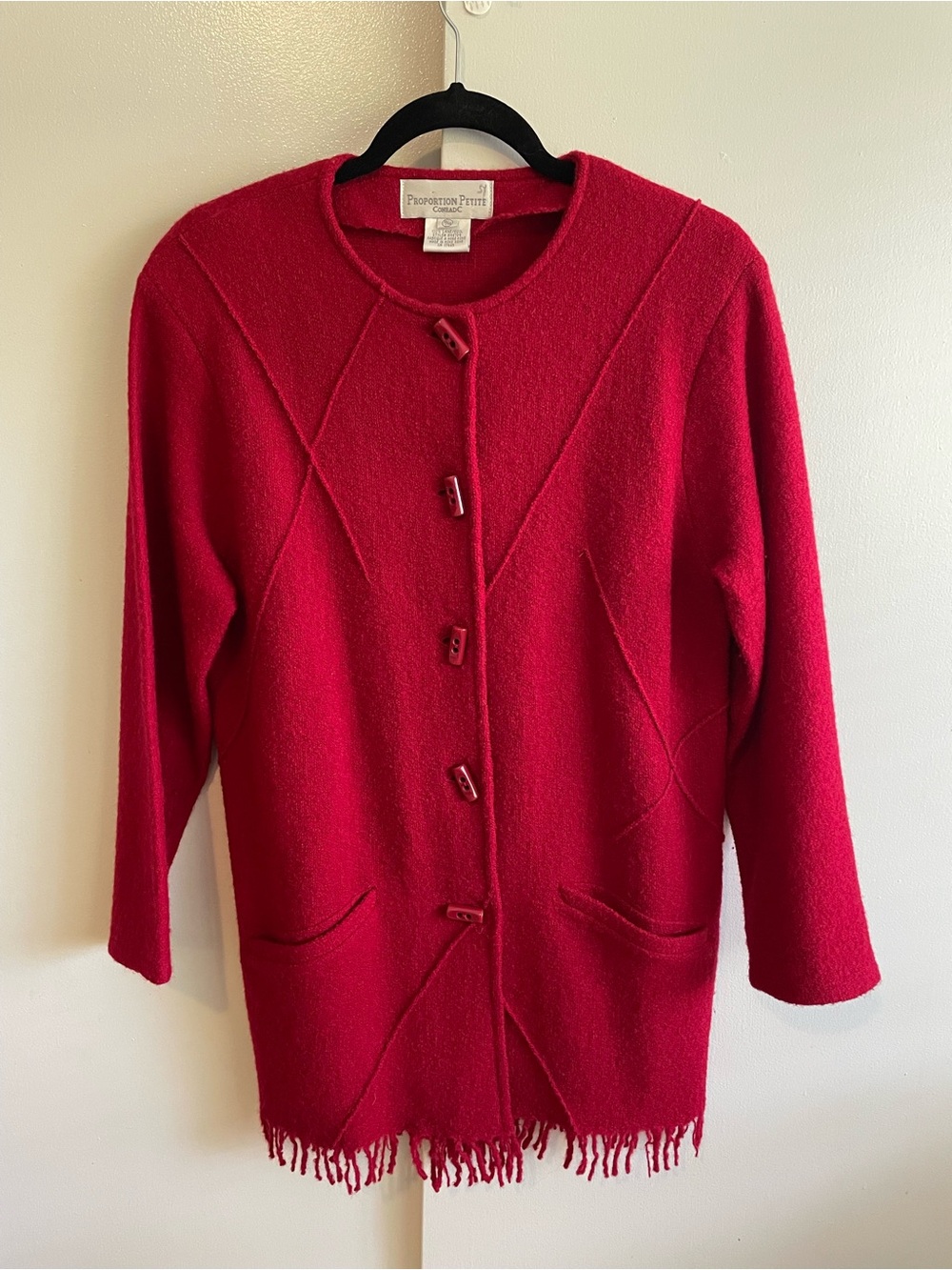 Vintage Conrad C Proportion Petite 100% Wool Red Fringe Cardigan Jacket XS